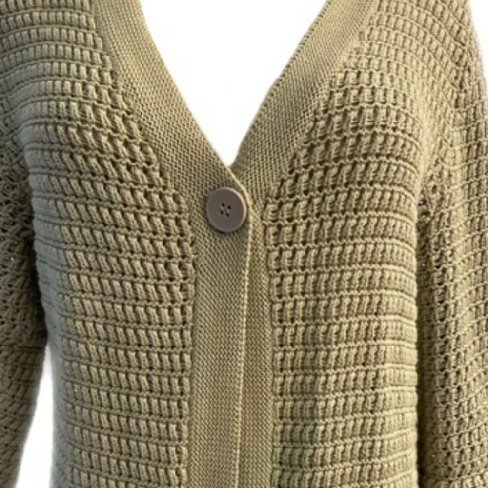Kate Hill large petite Sage/Taupe One Button 3/4 Sleeve Crochet Cardigan - Picture 2 of 6